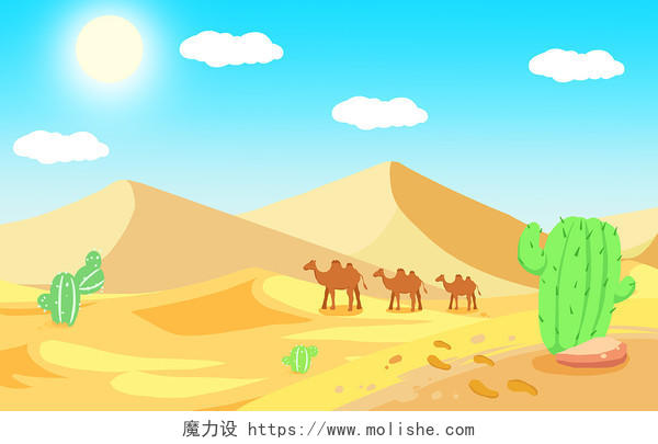 沙漠插画扁平卡通手绘金字塔沙丘仙人掌骆驼炎热天空植物沙堆扁平扁平沙漠插画
